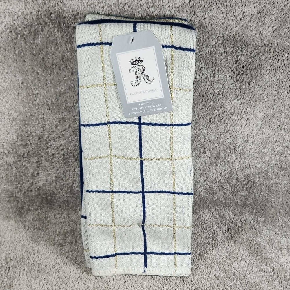 Rachel Ashwell Kitchen Towels 3pc Blue White Striped Grid Cotton 16x24